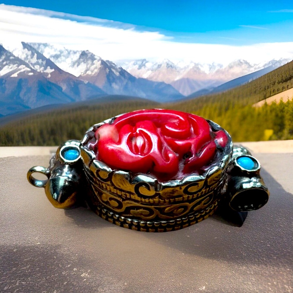 Vintage & Unique Hand Carved Tibetan Coral Pendant Set In Tibetan Silver 15Grams
